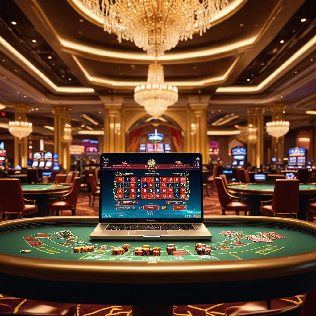 A lavish online casino scene featuring a high-stakes poker table with wealthy players in glamorous outfits, surrounded by vibrant slot machines and sparkling chandeliers. Create an atmosphere of excitement and sophistication with elements like gold chips and confident expressions. Include a digital interface on a laptop showcasing premium gambling techniques. ultra-realistic. vibrant colors. cinematic lighting.