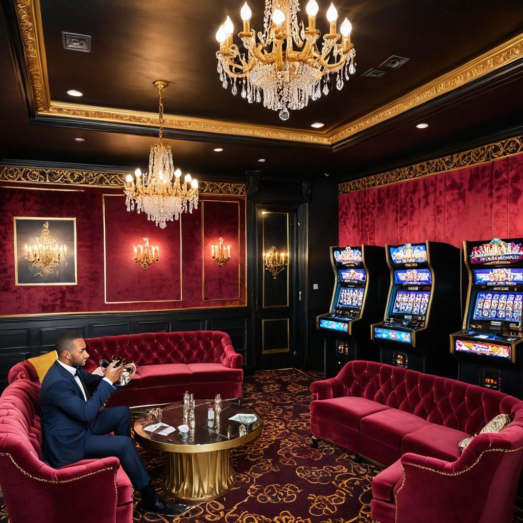 A lavish VIP gaming room featuring plush velvet seating, an ornate chandelier, and glimmering gaming machines. In the foreground, a diverse group of enthusiastic players enjoying exclusive perks, with chips and drinks in hand. Soft, ambient lighting creates a sophisticated atmosphere, with a hint of gold accents throughout the scene. Illustrate a sense of excitement and luxury tailored for high-stakes gaming enthusiasts. super-realistic. vibrant colors.
