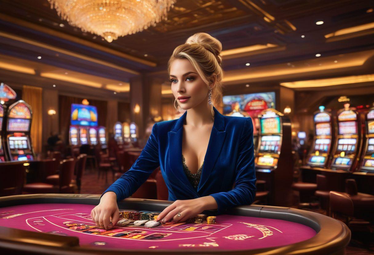 A high-stakes casino scene featuring a glamorous high roller at a VIP slot machine, surrounded by sparkling lights and shimmering coins. The player, dressed in chic attire, is intensely focused as they pull the lever, with excitement visible on their face. In the background, a luxurious casino ambiance with plush seating and elegant decor. The composition should convey a sense of thrill and exclusivity, highlighting the allure of high-stakes gambling. vibrant colors. super-realistic.